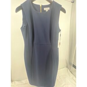 Calvin Klein Petite Sheath Dress Navy Blue Gold Zipper Sleeveless Size 12P